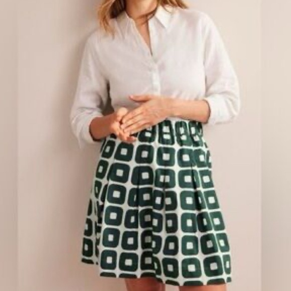 Boden Green White Mod Cotton Elastic Waist Pull On A Line Skirt w pockets 12 - Picture 1 of 6